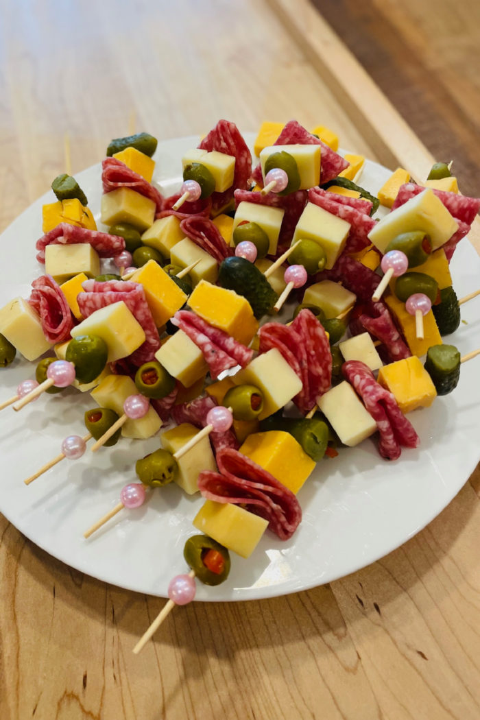meat, cheese, and olive skewers