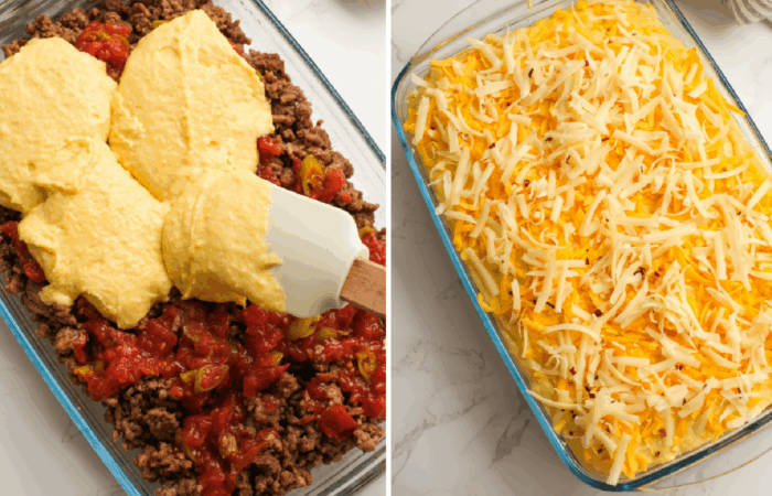 adding jiffy mix to taco bake