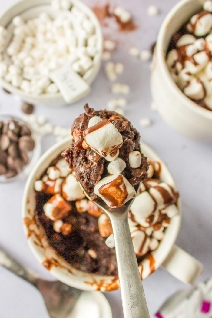 spoonful of chocolate cake with marshmallows