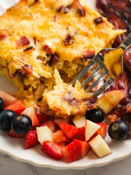 fork bite of Amish Breakfast Casserole