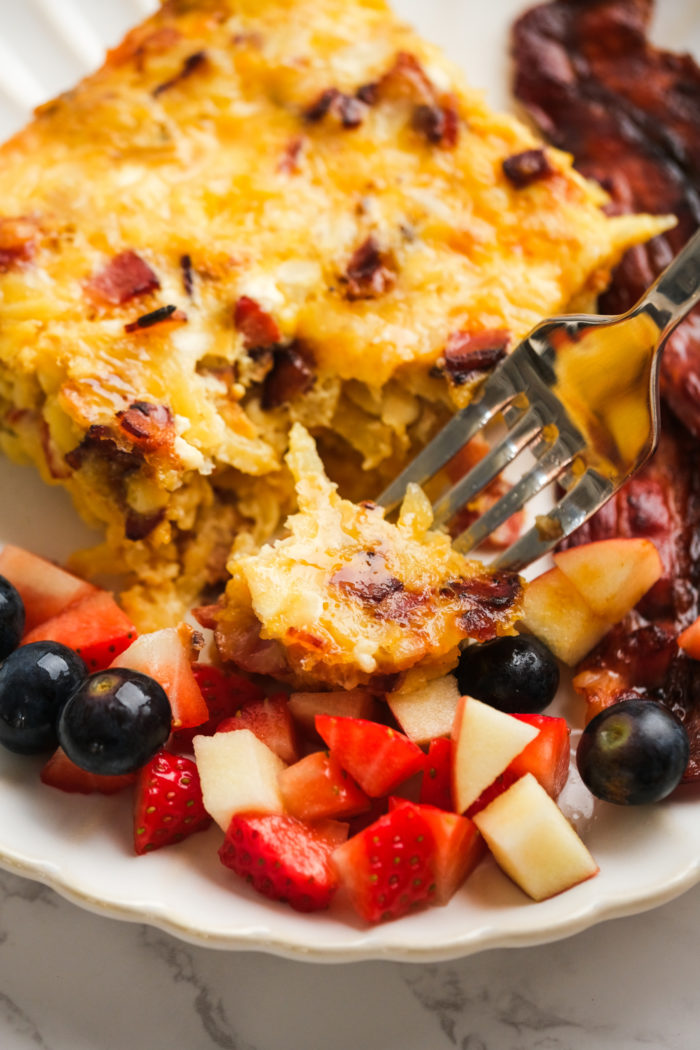 fork bite of Amish Breakfast Casserole