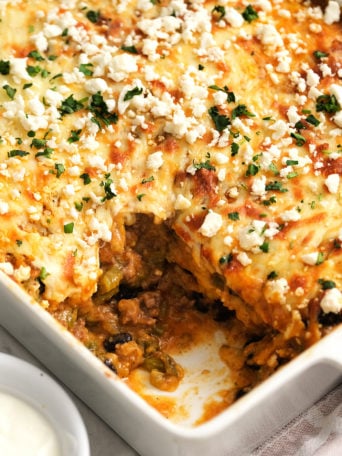 a serving of beef baked casserole