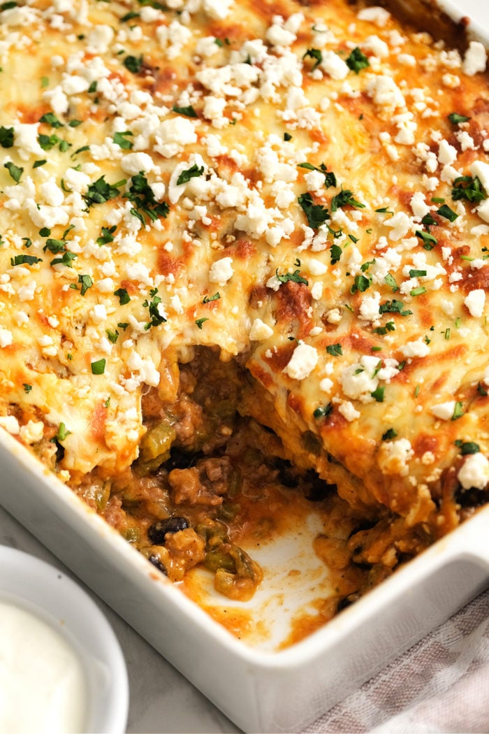 a serving of beef baked casserole