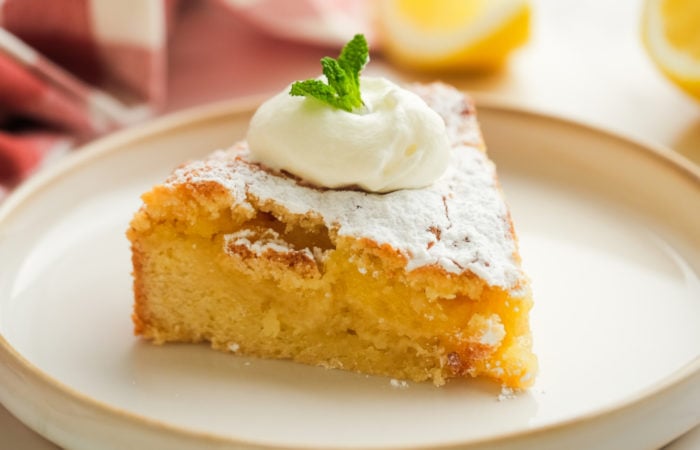 serving of cake with whipped cream and sprig of mint