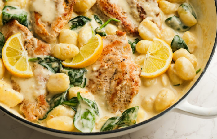 pan of chicken with gnocchi and lemon