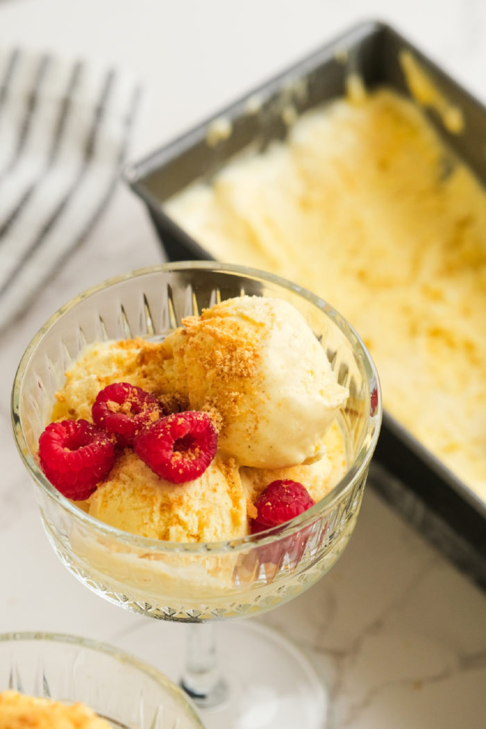 lemon ice cream with raspberries