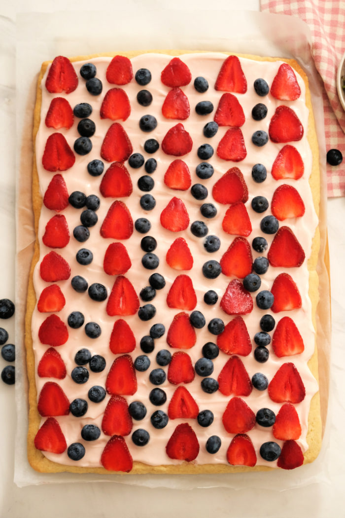 a rectangular fruit pizza