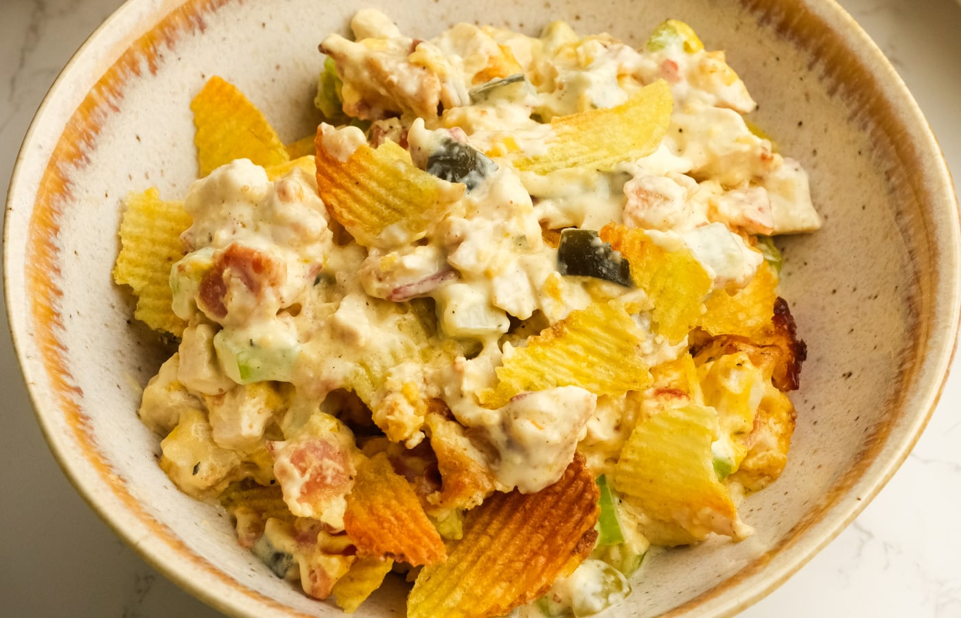 Hot Chicken Salad with Potato Chips - Reluctant Entertainer