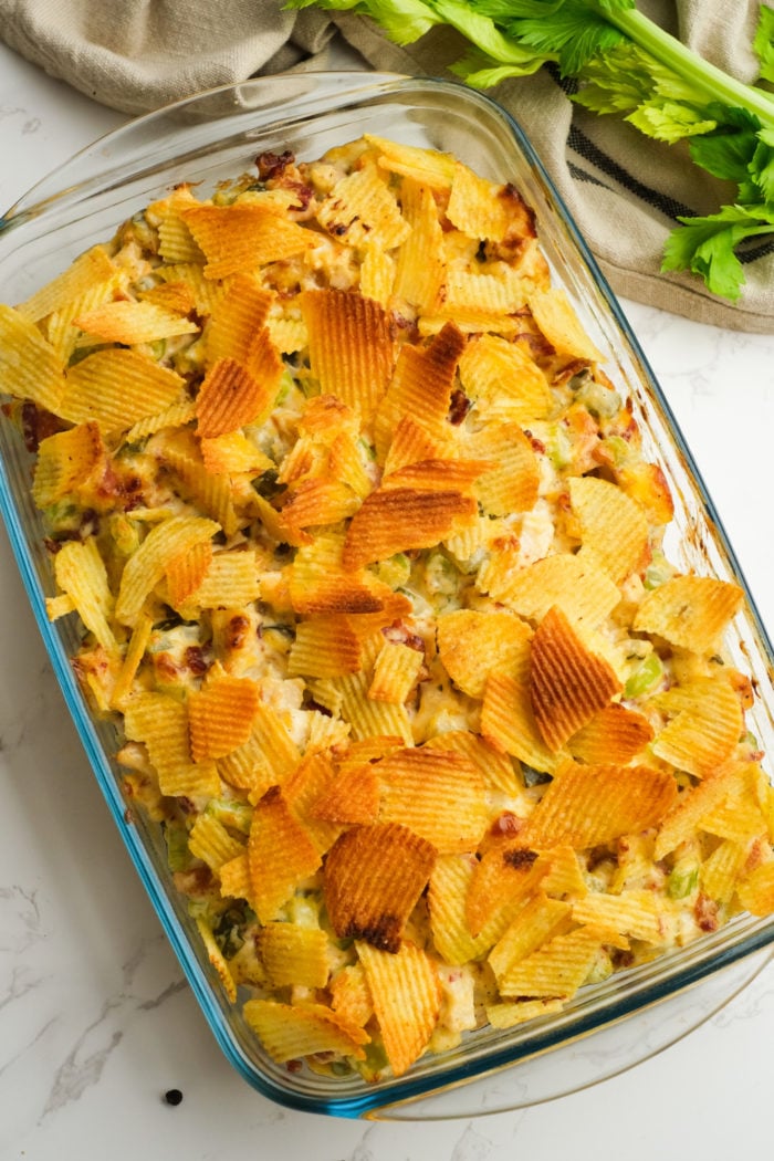 baked hot chix salad with potato chips