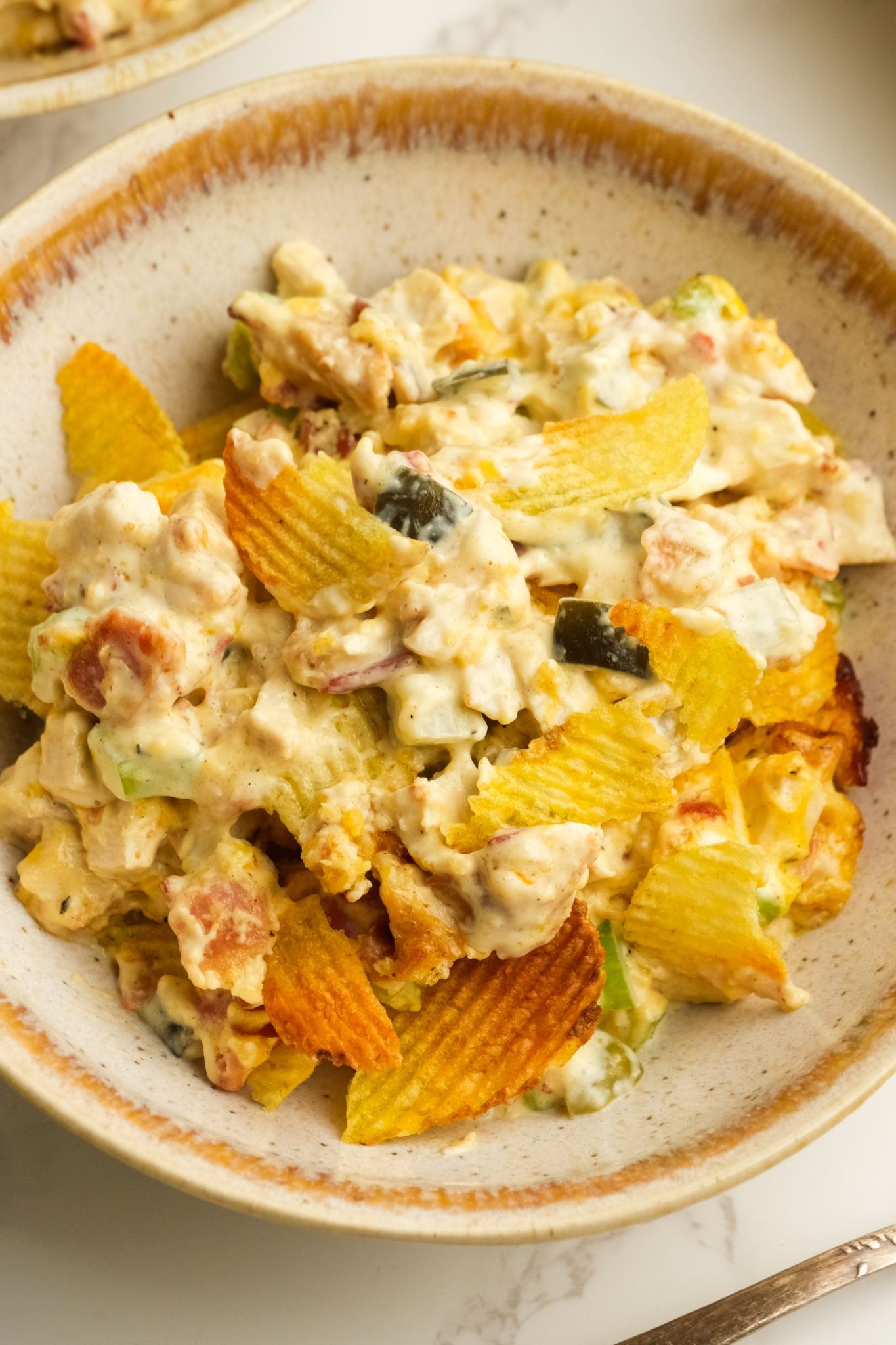 Hot Chicken Salad with Potato Chips - Reluctant Entertainer