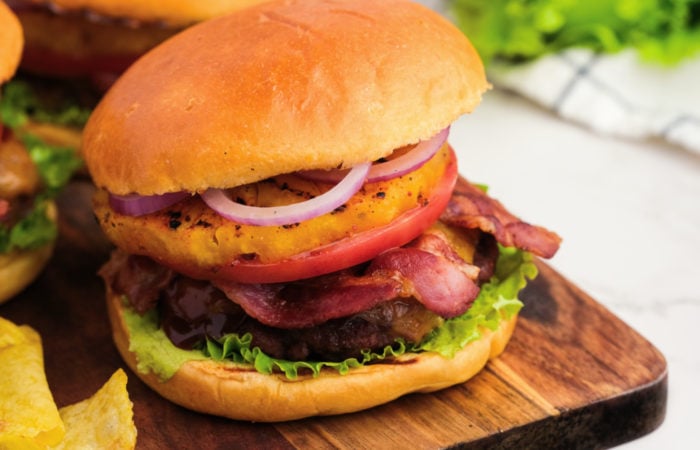 Hawaiian Burgers with bacon and onion