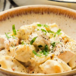 a bowl of hot Alfredo Tortellini Chicken