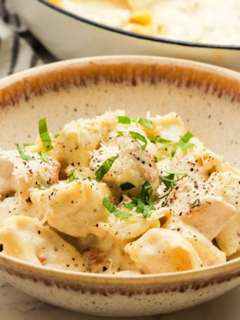 a bowl of hot Alfredo Tortellini Chicken