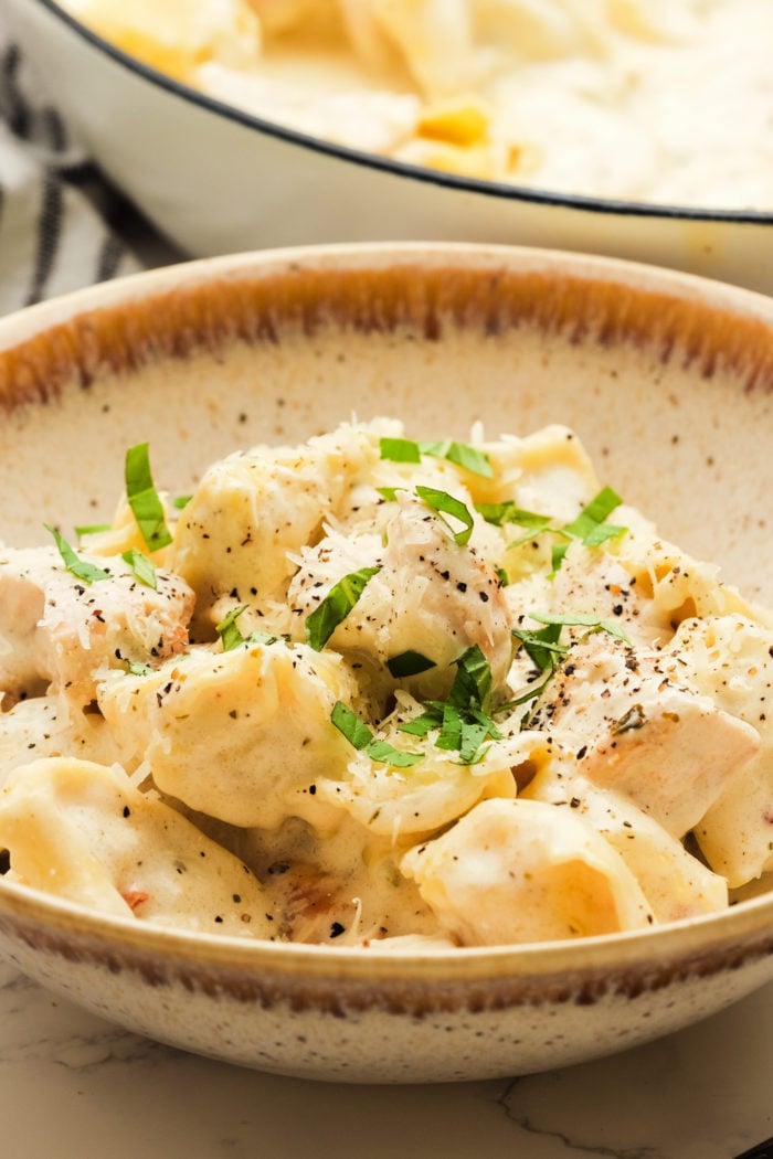 a bowl of hot Alfredo Tortellini Chicken