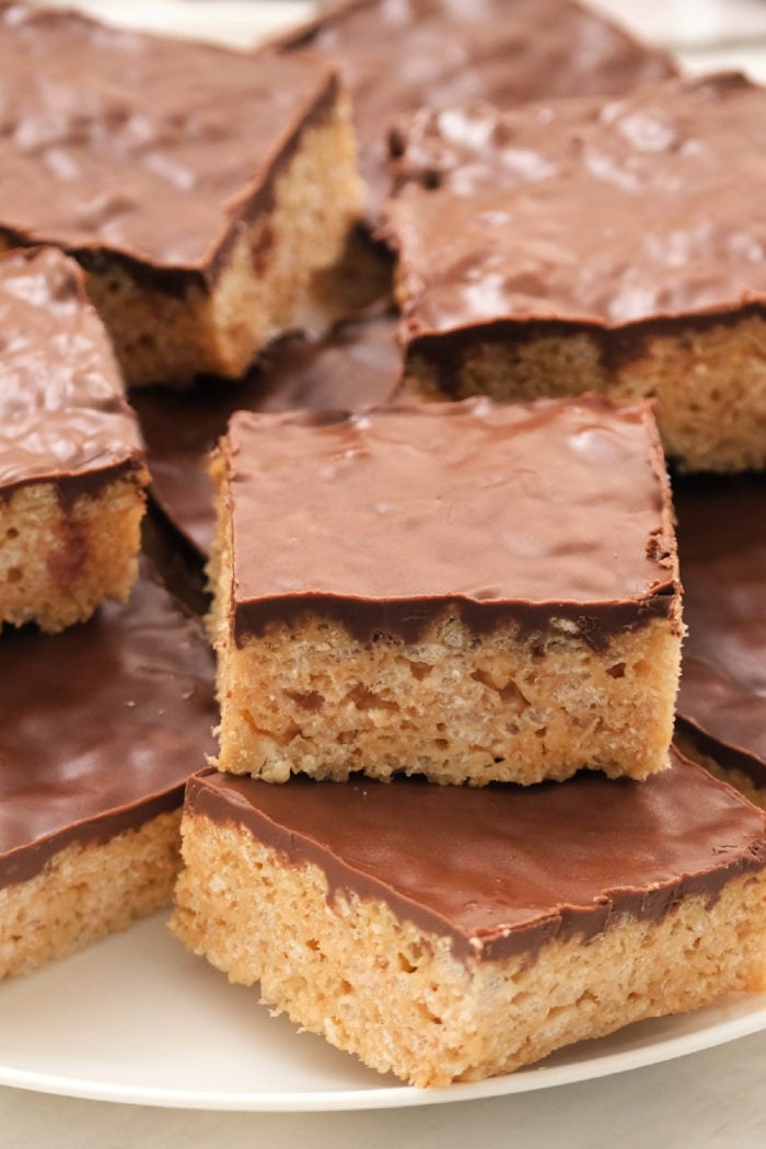 Stack of Chocolate Peanut Butter Rice Crispy Treats