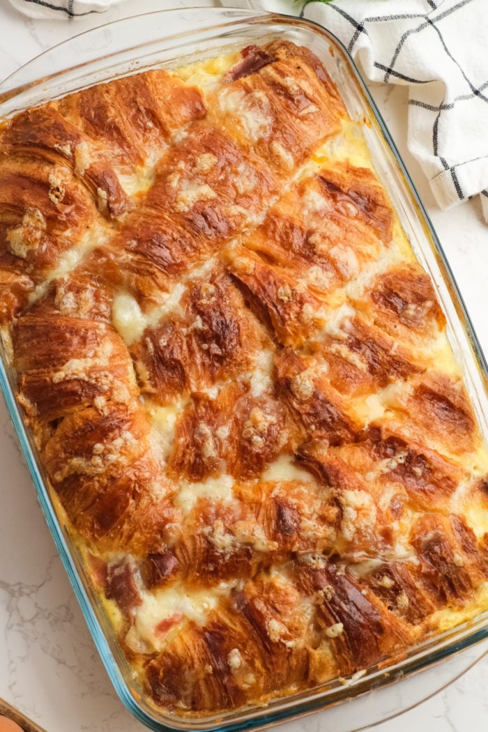 a cheesy croissant breakfast casserole