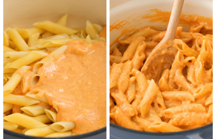 adding the paprika sauce to pasta