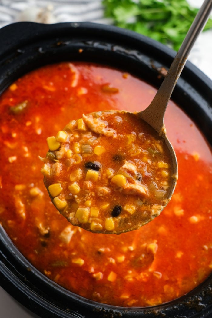 ladle of yummy Crock Pot Chicken Corn Soup