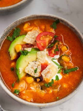 Chicken Corn Soup with avocado & croutons