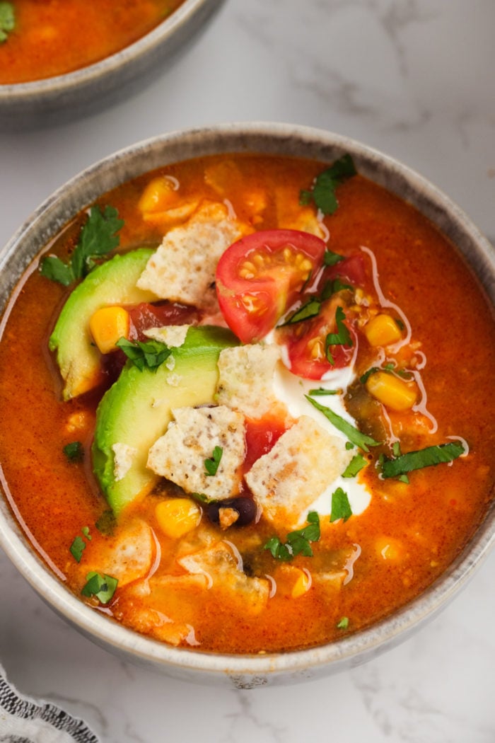 Chicken Corn Soup with avocado & croutons