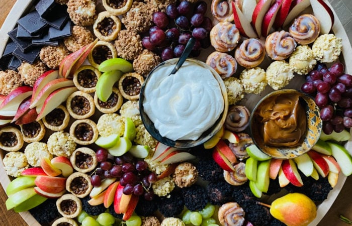 dessert cake bites board with whipped cream