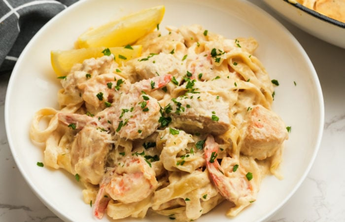 serving of Alfredo Pasta with Chicken and Shrimp