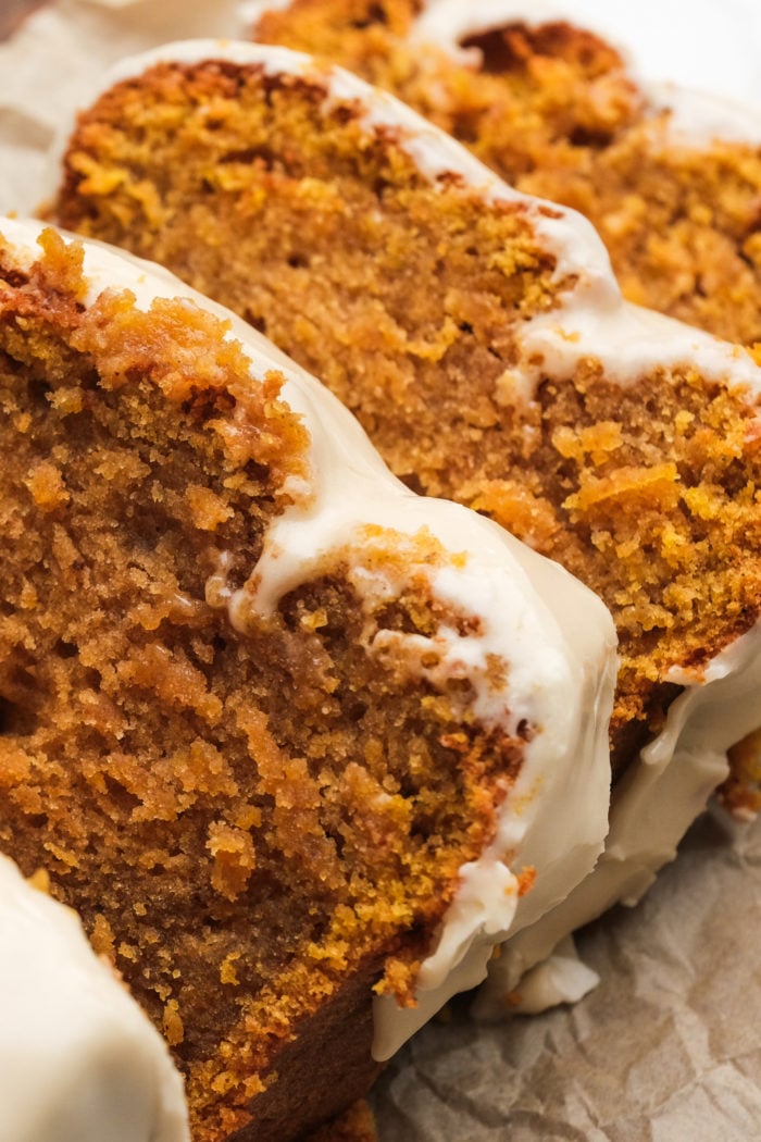 slices of Pumpkin Bread with Cream Cheese Frosting