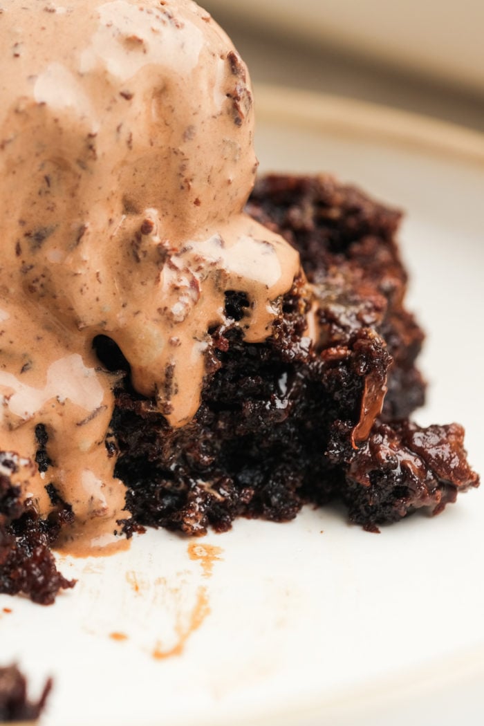 gooey, chocolate cake with chocolate ice cream