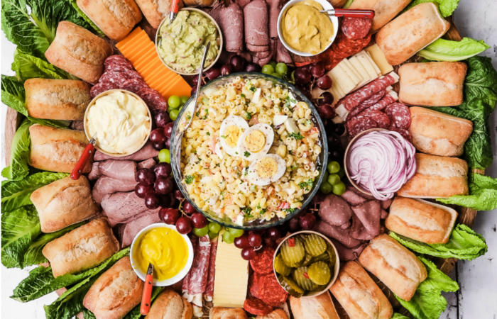 a bowl of Trader Joe’s Macaroni Salad on a sandwich board