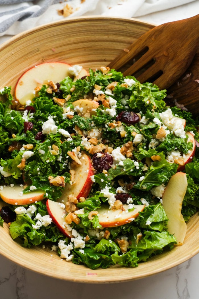 a Thanksgiving Kale Salad with Apples and walnuts (dried cherries and feta cheese)