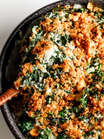 a serving of Creamed Kale with walnut panko topping