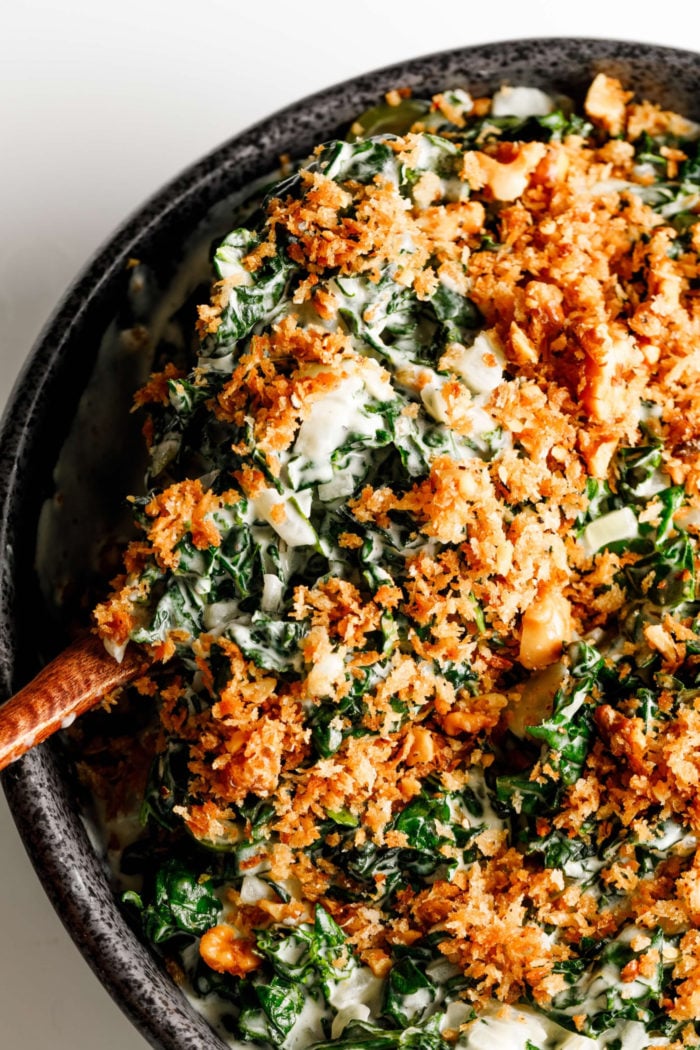 a serving of Creamed Kale with walnut panko topping