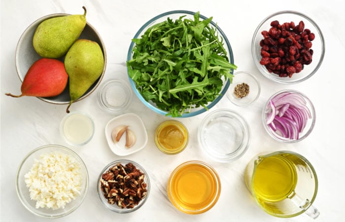 ingredients to make an Arugula Pear Salad