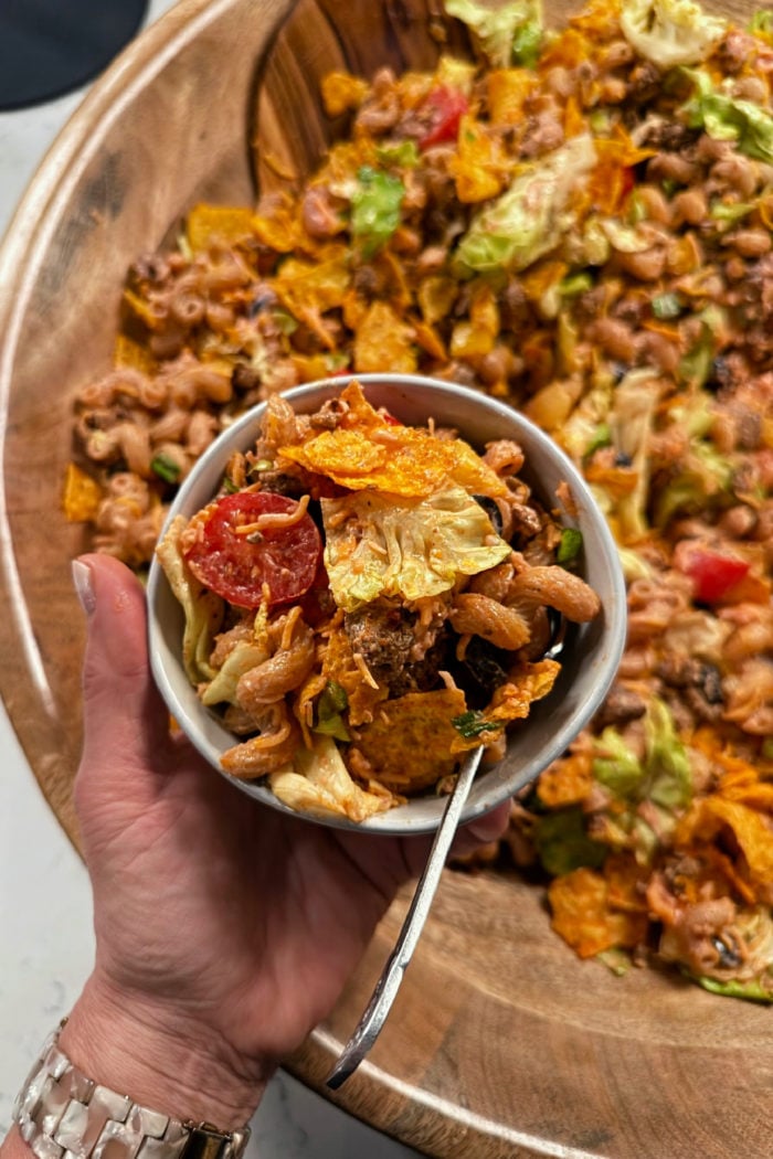 serving an epic taco salad with pasta