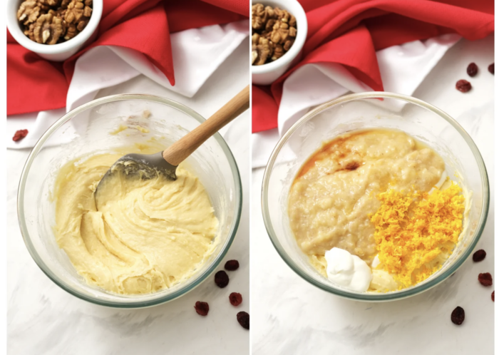 preparing banana bread batter