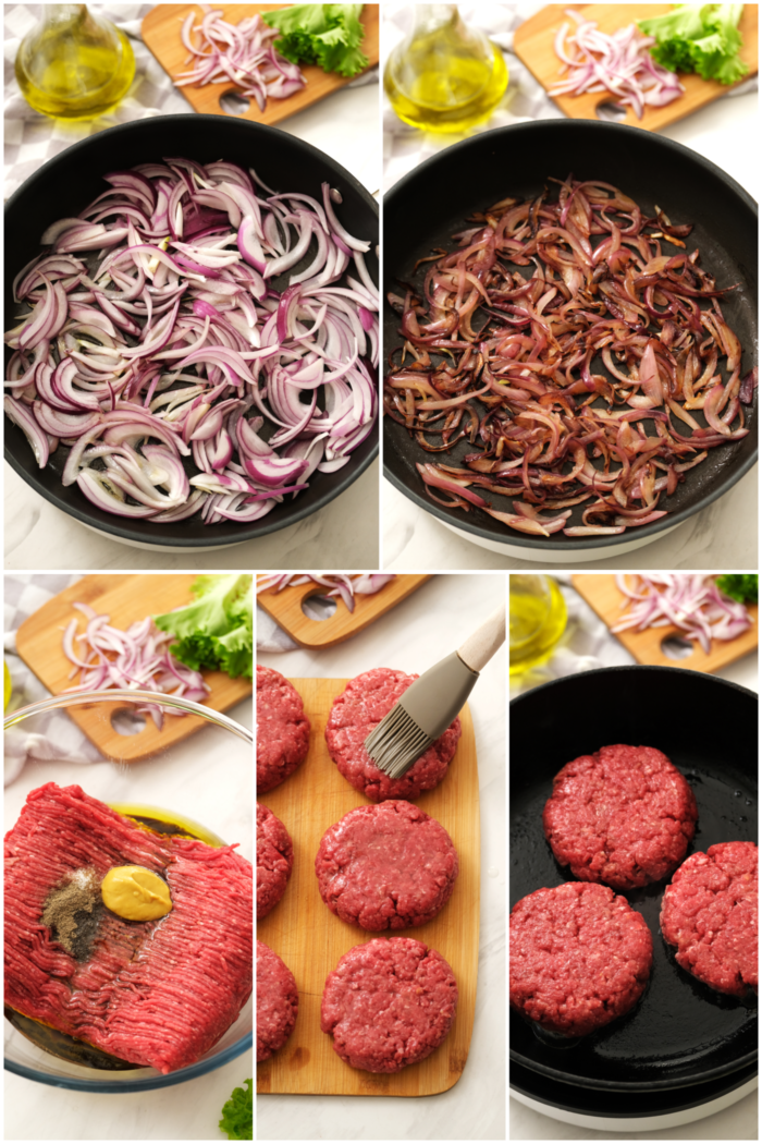 how to make the onions and prepare the meat for burgers