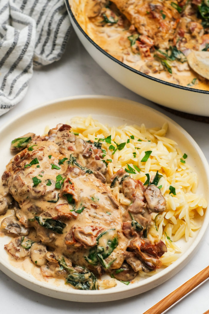 a serving of Marry Me Chicken with Orzo