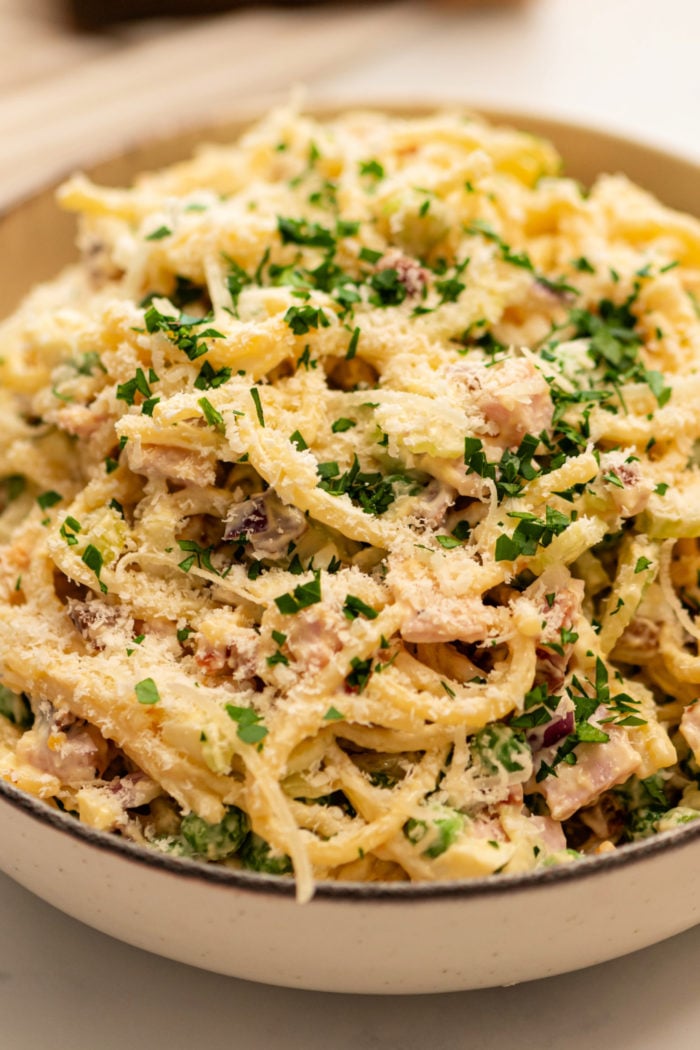 Cold Carbonara Pasta Salad with parmesan cheese