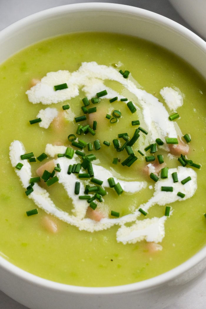 Leek and Potato Soup with Ham with sour cream drizzle