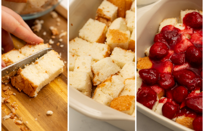 cutting angel food cake into cubes