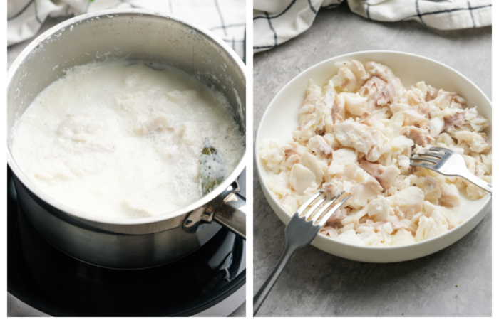 boiling fish in milk and flaking with a fork