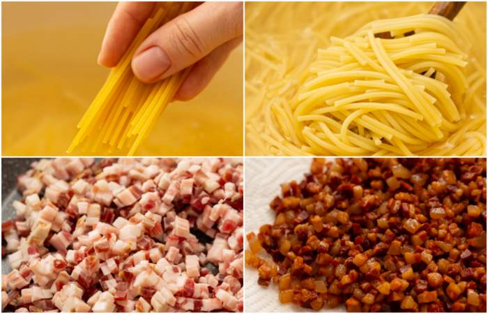 making spaghetti and pancetta