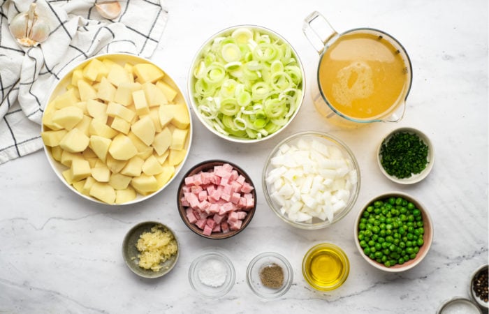 ingredients to make Leek and Potato Soup with Ham