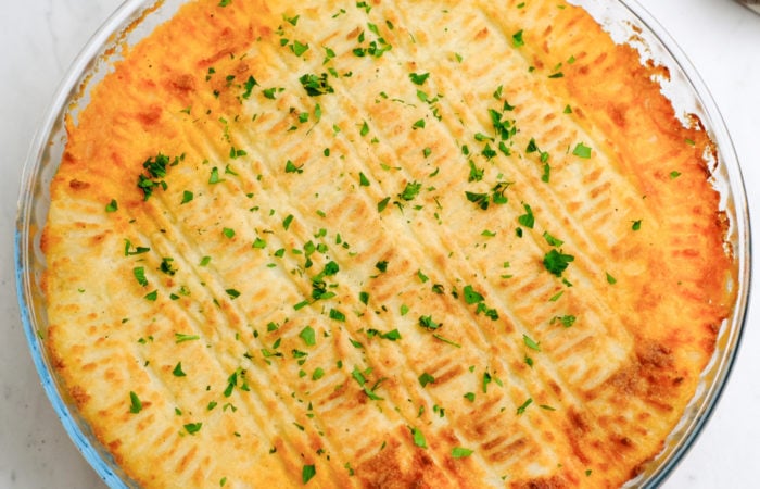 a round cottage pie in pie plate