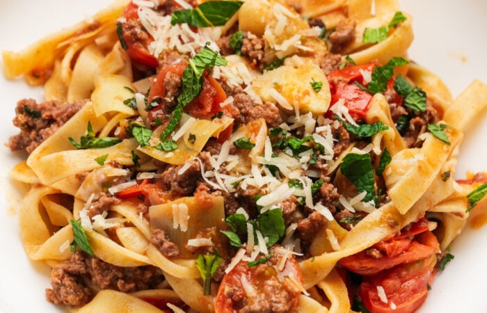 a serving of The Easiest Lamb Ragu with pasta