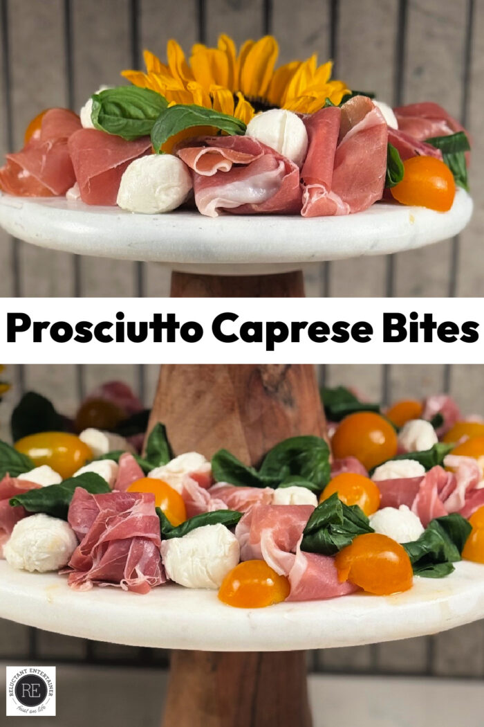 Prosciutto Caprese Bite ingredients on cake stands