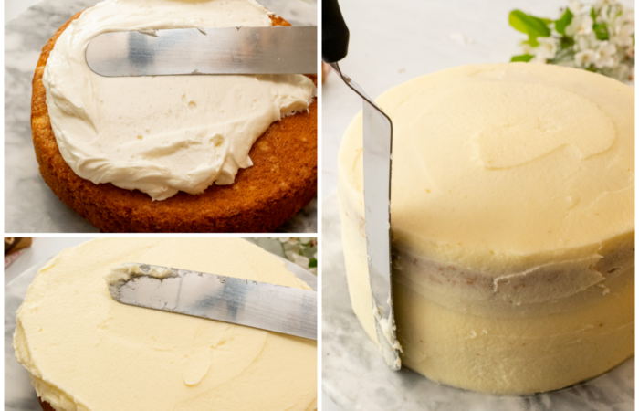 Adding cream cheese frosting to a cake