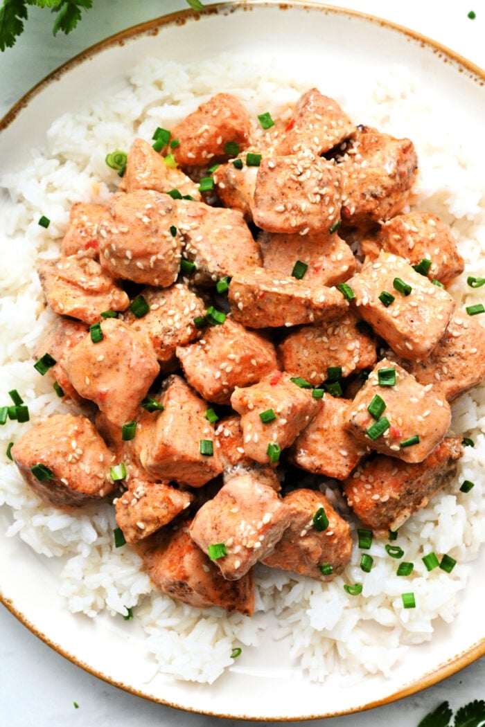 Bang Bang Salmon Bites with white rice