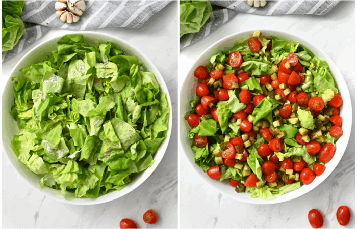 adding lettuce and tomatoes and pickles