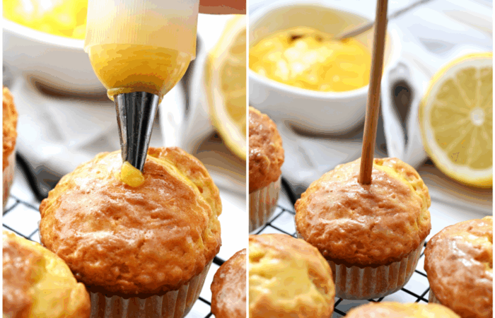 piping lemon curd into a muffin